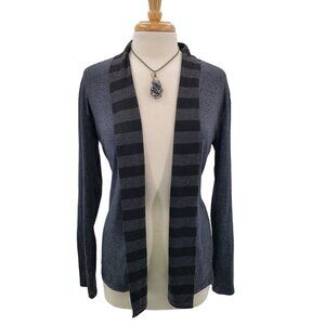 Meiniqi Womens Gray Black Open Front Cardigan Size L Striped Trim Long Sleeve